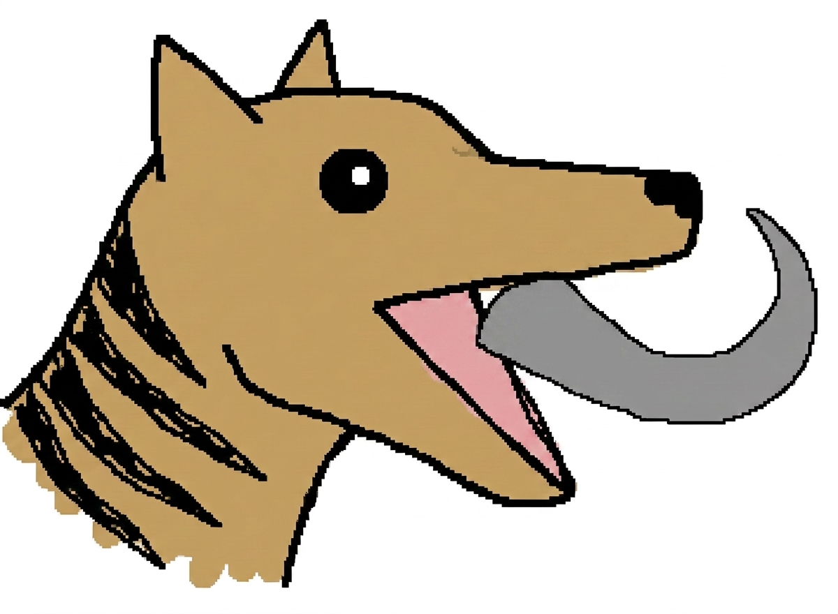 A crudely drawn thylacine in side profile blowing a grey horn.